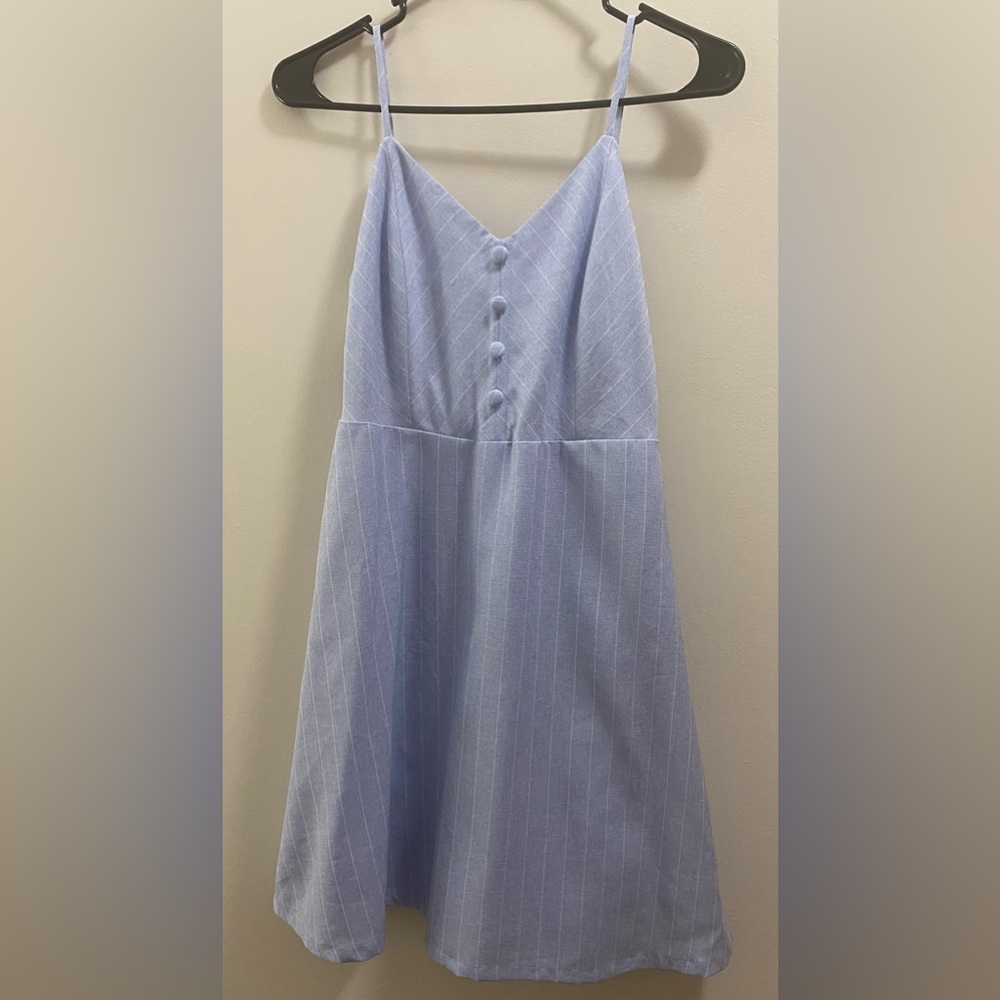 Lulus Shoreline Stripes Light Blue Striped Spaghetti strap Skater Dress NWT - Picture 2 of 6
